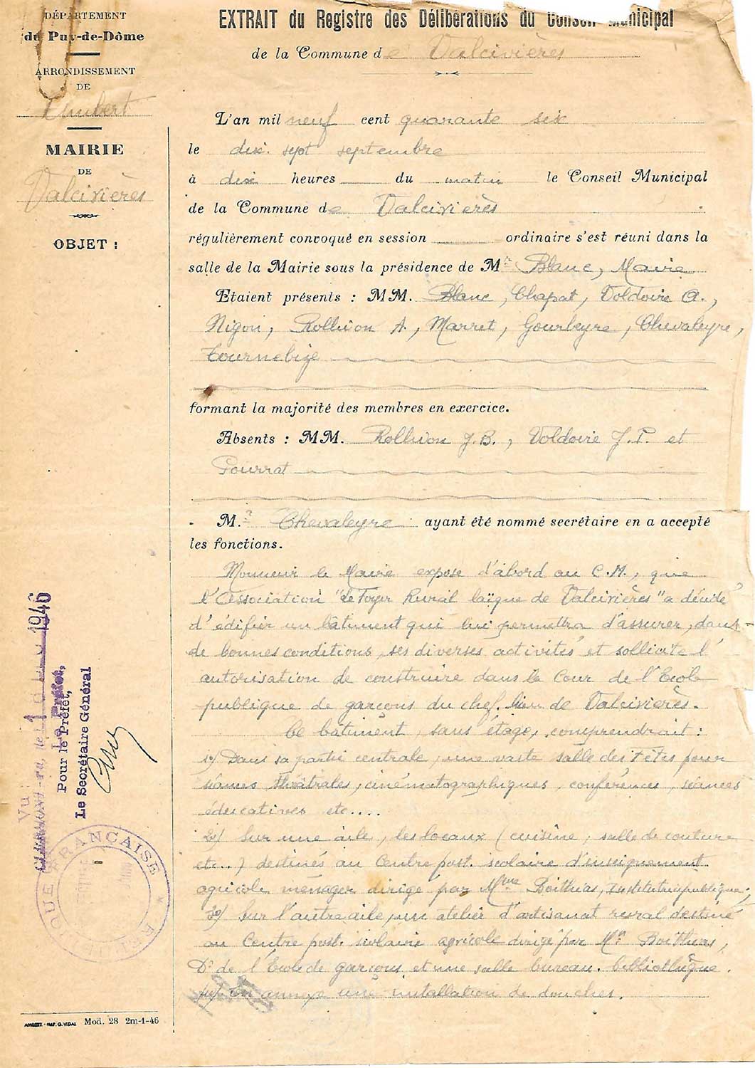 Première page de la délibération du Conseil municipal du 17 septembre 1946